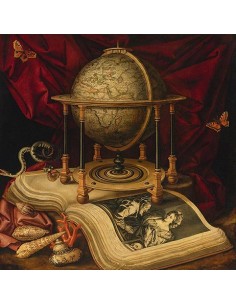 Naturaleza muerta con globo celeste, un libro, conchas, una serpiente y mariposas