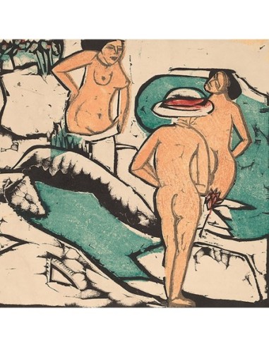 Mujeres bañándose entre piedras blancas