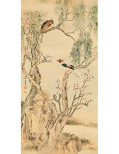 Pájaros en ramas floridas