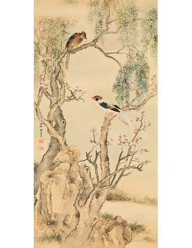 Pájaros en ramas floridas