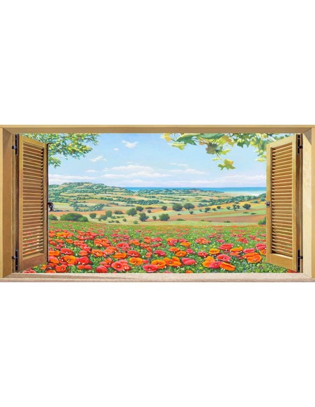 Ventana a un campo de amapolas