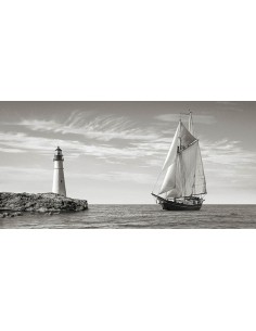 Velero acercándose al faro, mar Mediterráneo (detalle)