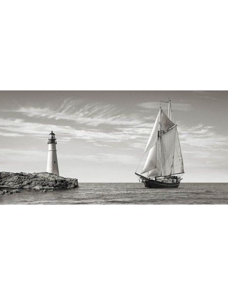 Velero acercándose al faro, mar Mediterráneo (detalle)