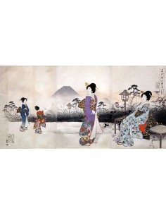 Japoneses en el paseo frente al monte Fuji