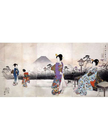 Japoneses en el paseo frente al monte Fuji