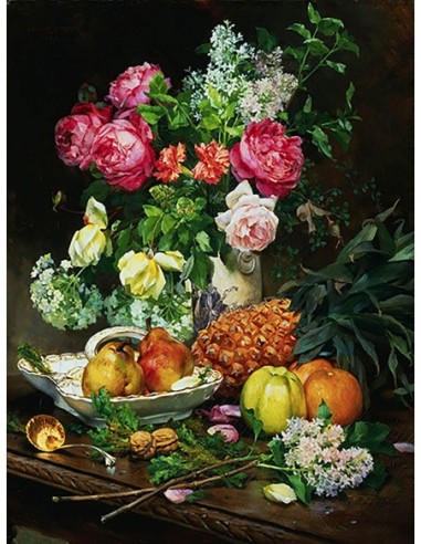 Cuadro de rosas en un jarrón y peras en un cuenco de porcelana