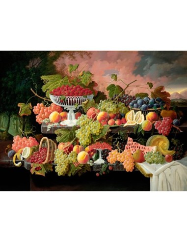 Bodegón de dos niveles con frutas y paisaje al atardecer