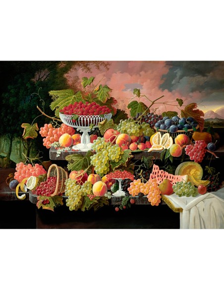 Bodegón de dos niveles con frutas y paisaje al atardecer