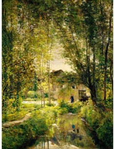 Paisaje con un arroyo iluminado por el sol