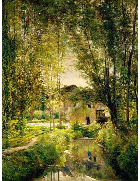 Paisaje con un arroyo iluminado por el sol