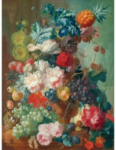 Frutas y flores en un jarrón de terracota