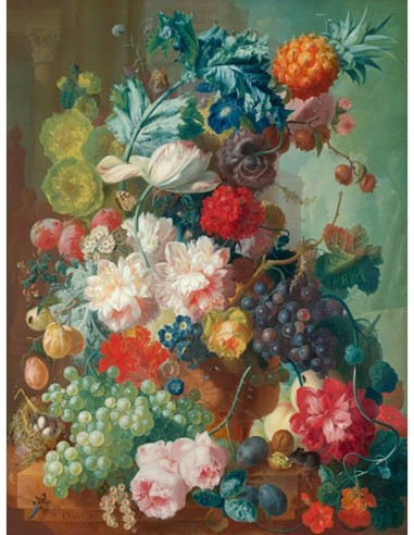 Frutas y flores en un jarrón de terracota