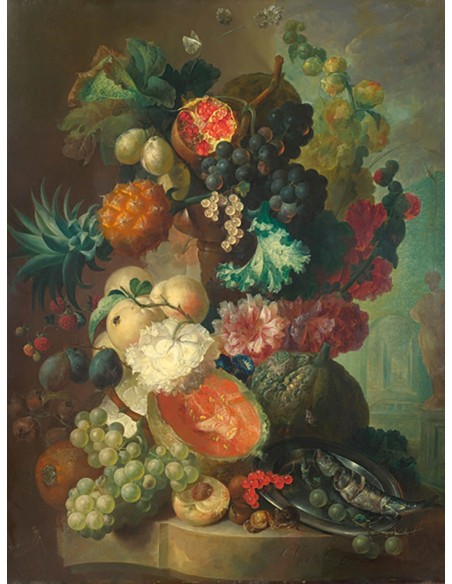 Fruta, flores y un pez.