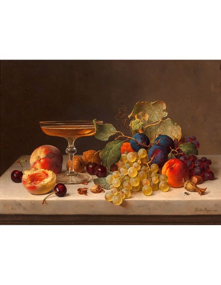 Bodegón con frutas de verano y champán