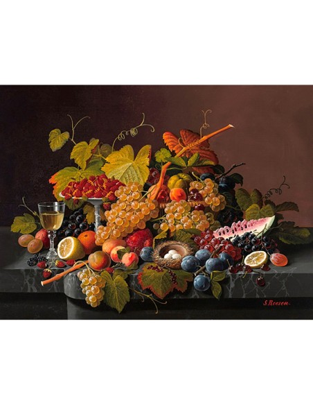 Bodegón con frutas y nido de pájaro