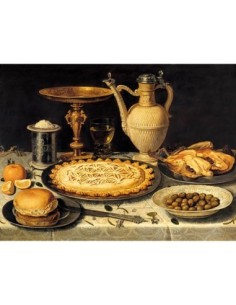 Bodegón con tarta, pollo asado, pan, arroz y aceitunas