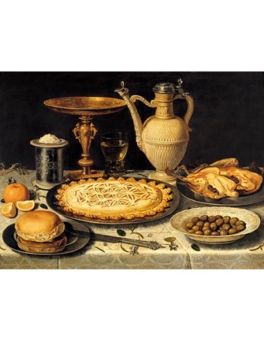 Bodegón con tarta, pollo asado, pan, arroz y aceitunas