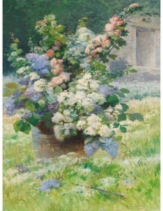 Fliederzweige und Stockrosen