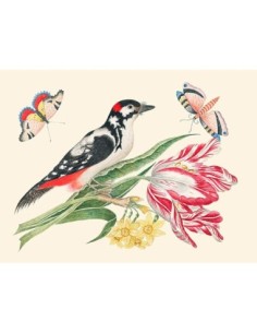 Un pájaro en un tallo de tulipán con narcisos