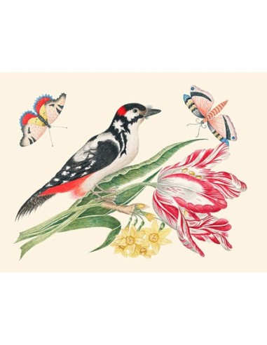 Un pájaro en un tallo de tulipán con narcisos