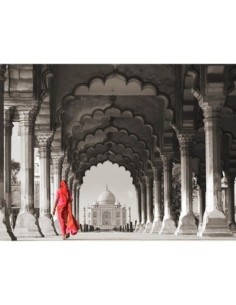 Mujer con sari tradicional caminando hacia el Taj Mahal (BW)