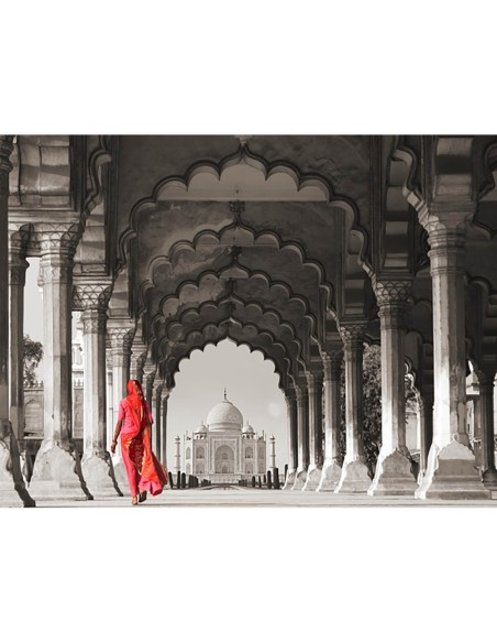 Mujer con sari tradicional caminando hacia el Taj Mahal (BW)