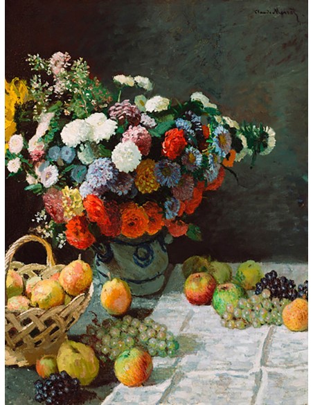 Bodegón con flores y frutas