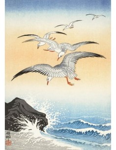 Cinco gaviotas sobre el mar turbulento