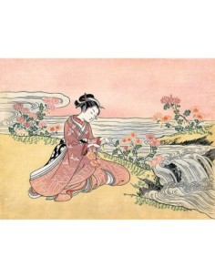 Mujer japonesa recogiendo crisantemos