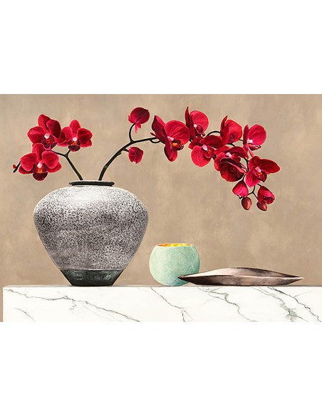 Orquídeas rojas sobre mármol blanco (detalle)