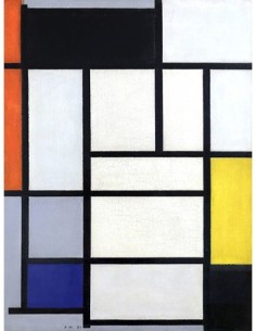 Composición con rojo, negro, amarillo, azul y gris.