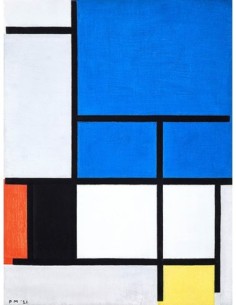 Composición con gran plano azul, rojo, negro, amarillo y gris.