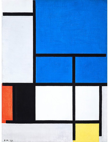 Composición con gran plano azul, rojo, negro, amarillo y gris.