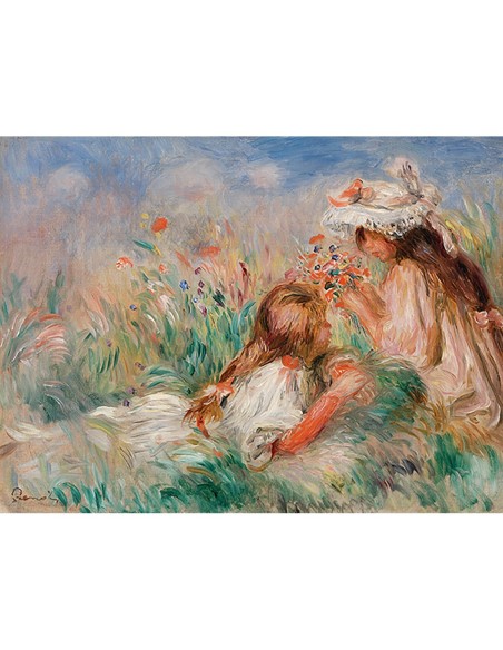 Chicas en la hierba arreglando un ramo