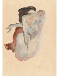 Desnudo agachado con zapatos y medias negras, vista trasera