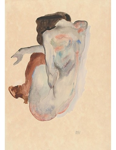 Desnudo agachado con zapatos y medias negras, vista trasera