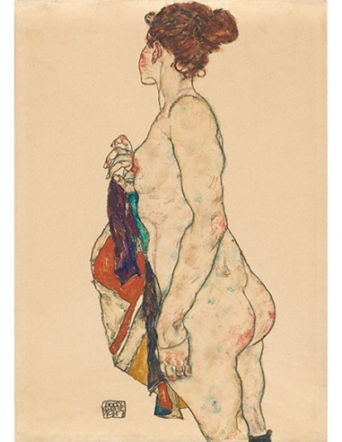 Desnuda de pie con una túnica estampada