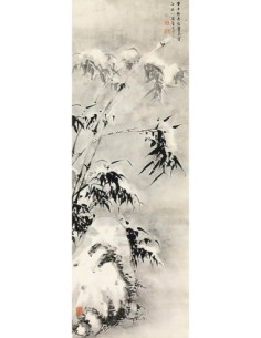 Bambú y roca en la nieve