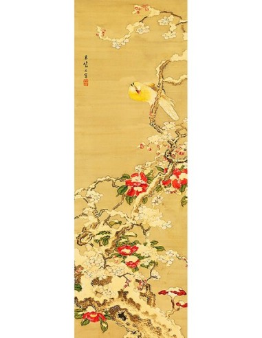 Pájaro entre camelias en la nieve