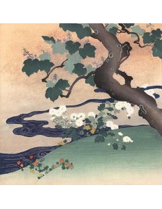 Árbol, arroyo y flores